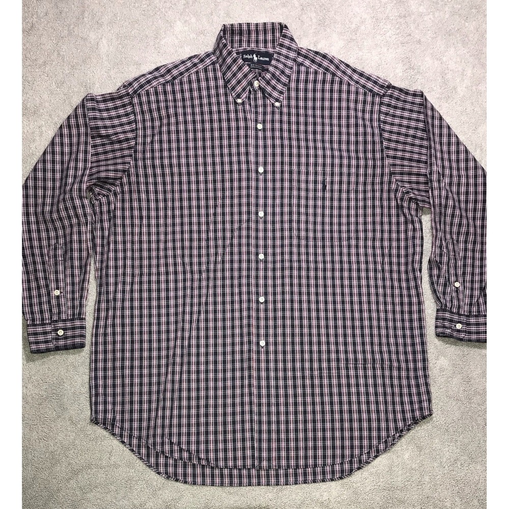 Ralph Lauren Big Shirt Mens Large 100% Cotton Button Up Plaid Pony Logo